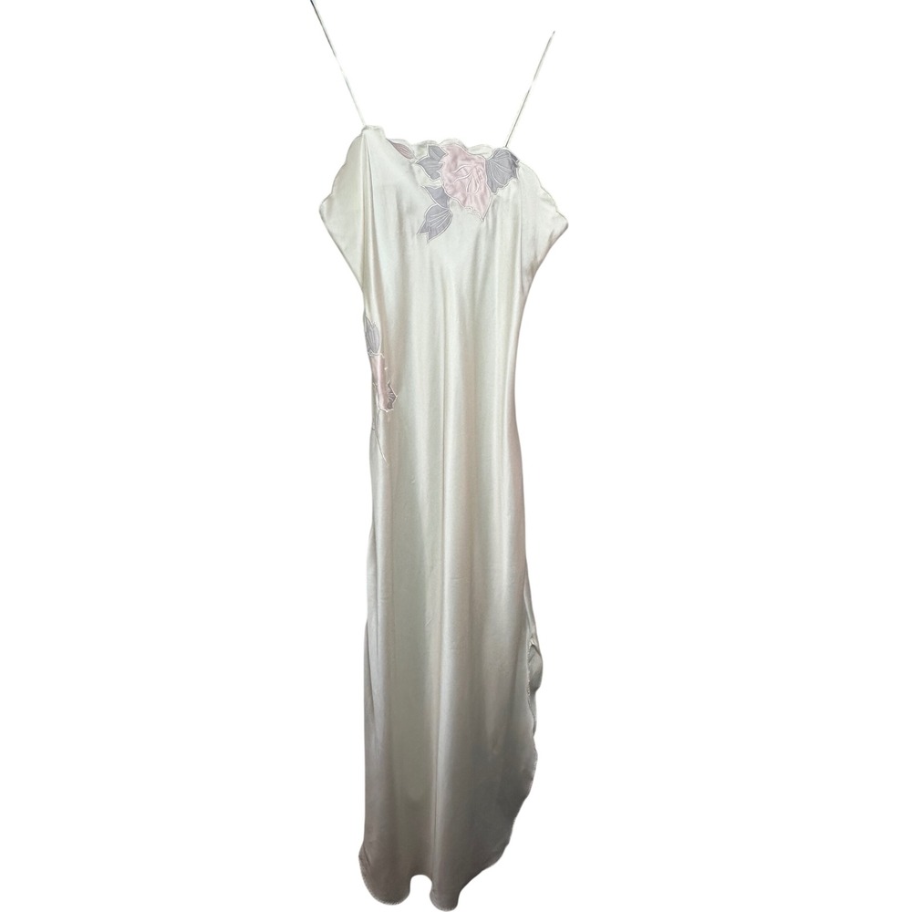 Deena Vintage Cream Satin Floral Embroidered Maxi Nightgown Slip Dress Small